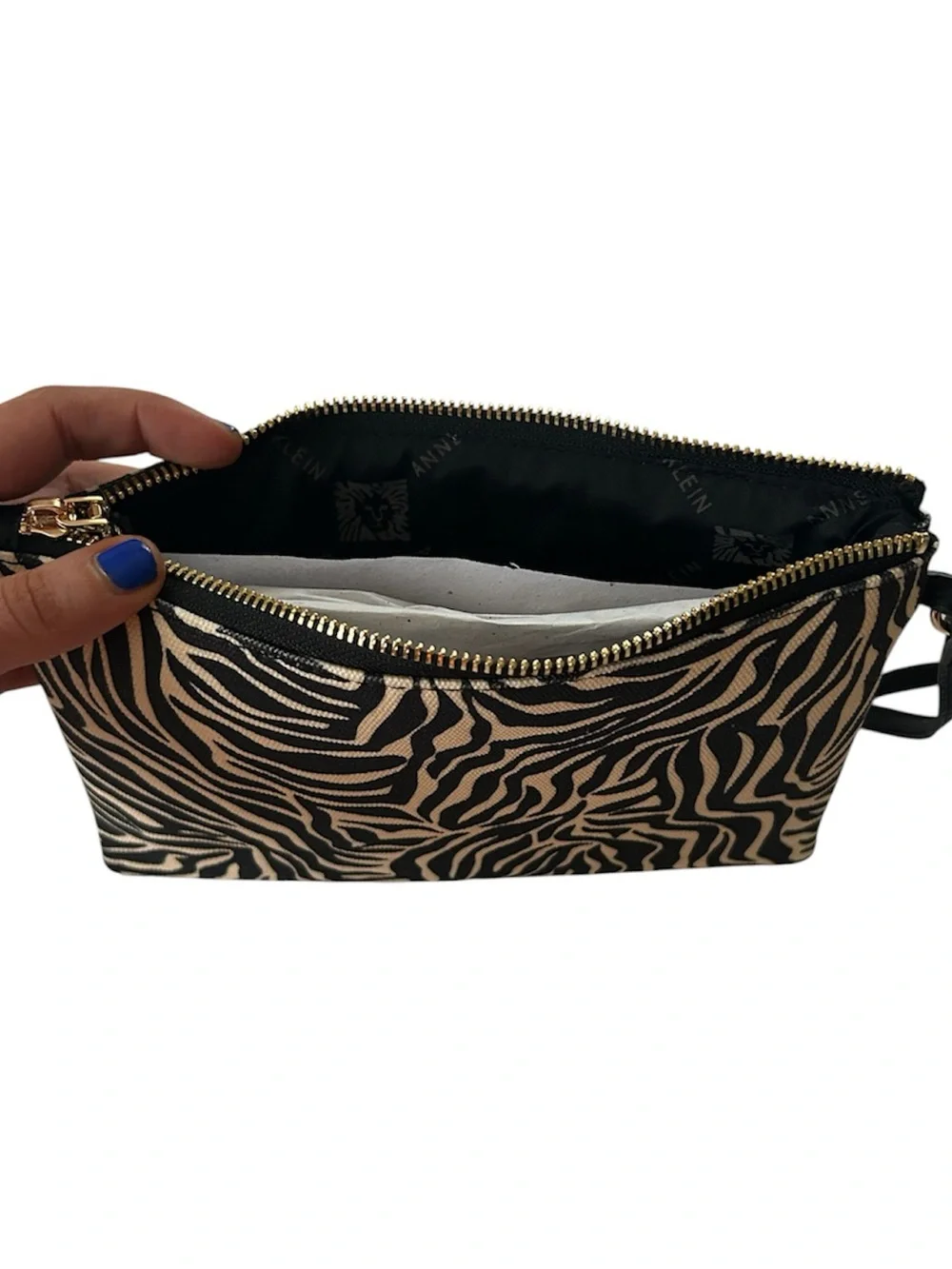 Anne Klein Zebra Print Wristlet Zip Pouch Clutch - Black & Cream